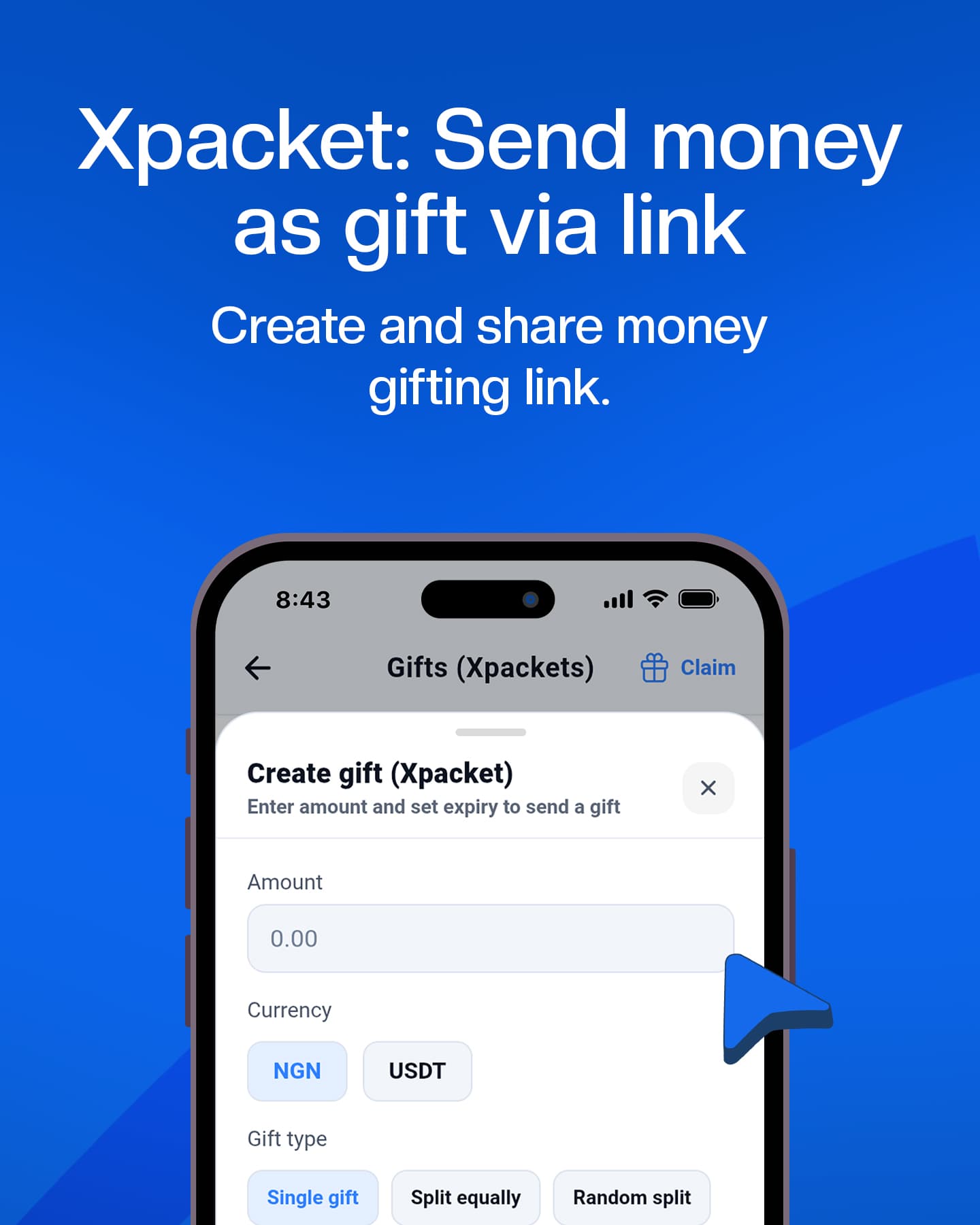 Xpacket, send money as a gift via link, single or split
